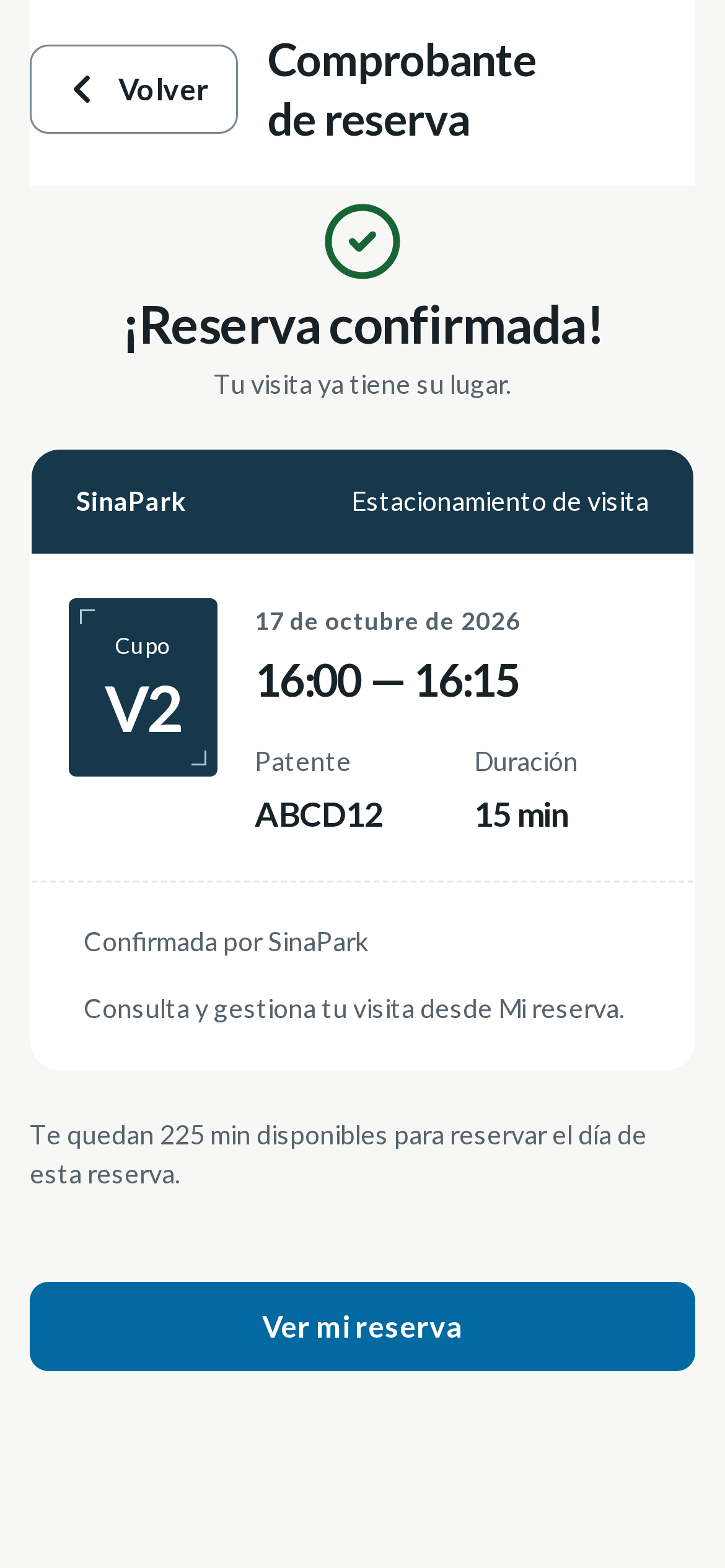 Comprobante de reserva de SinaPark con datos de prueba.